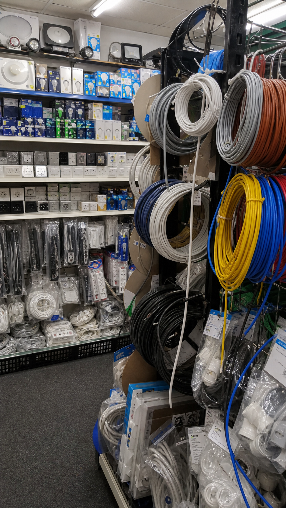 Electrical supplies representation with cable reels, sockets, switches and lighting accessories