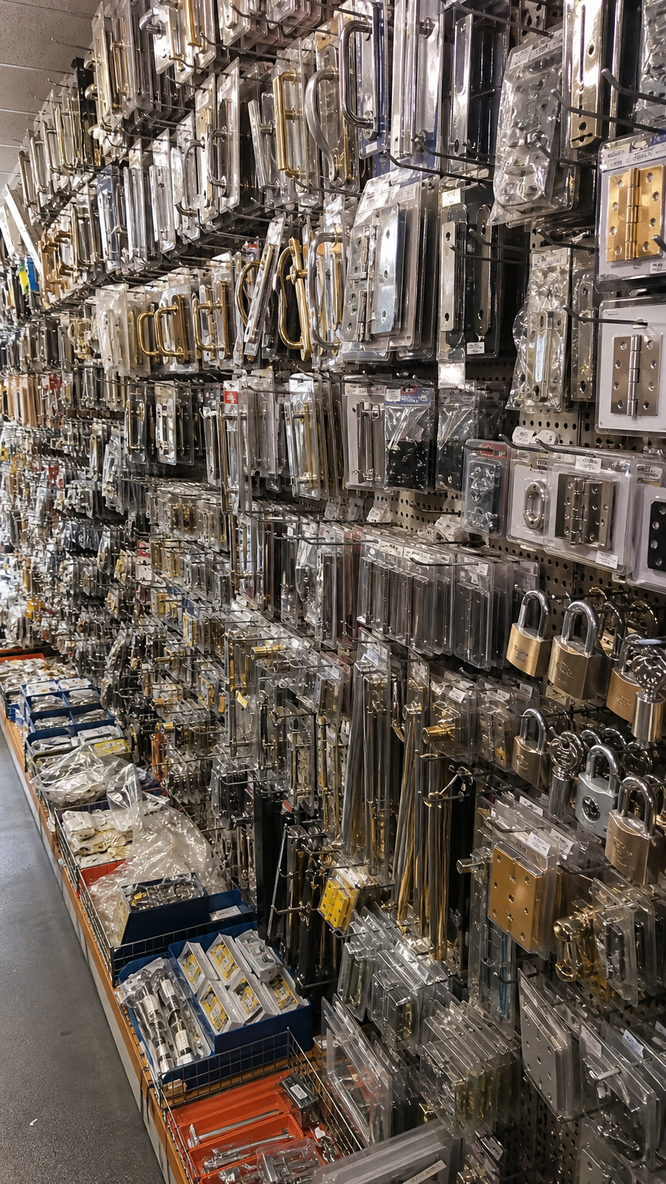 Ironmongery display representation with locks, handles, hinges and security hardware