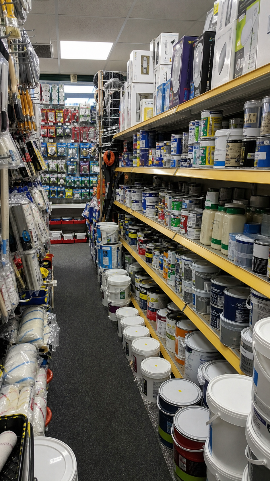 Paint, decorating and lighting supplies aisle representation for Loomis Hardware