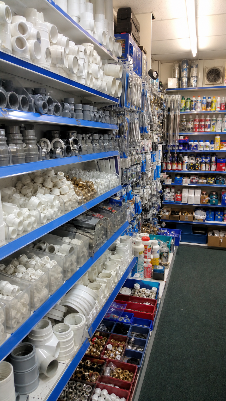 Plumbing fittings representation with pipes, connectors, washers and repair supplies
